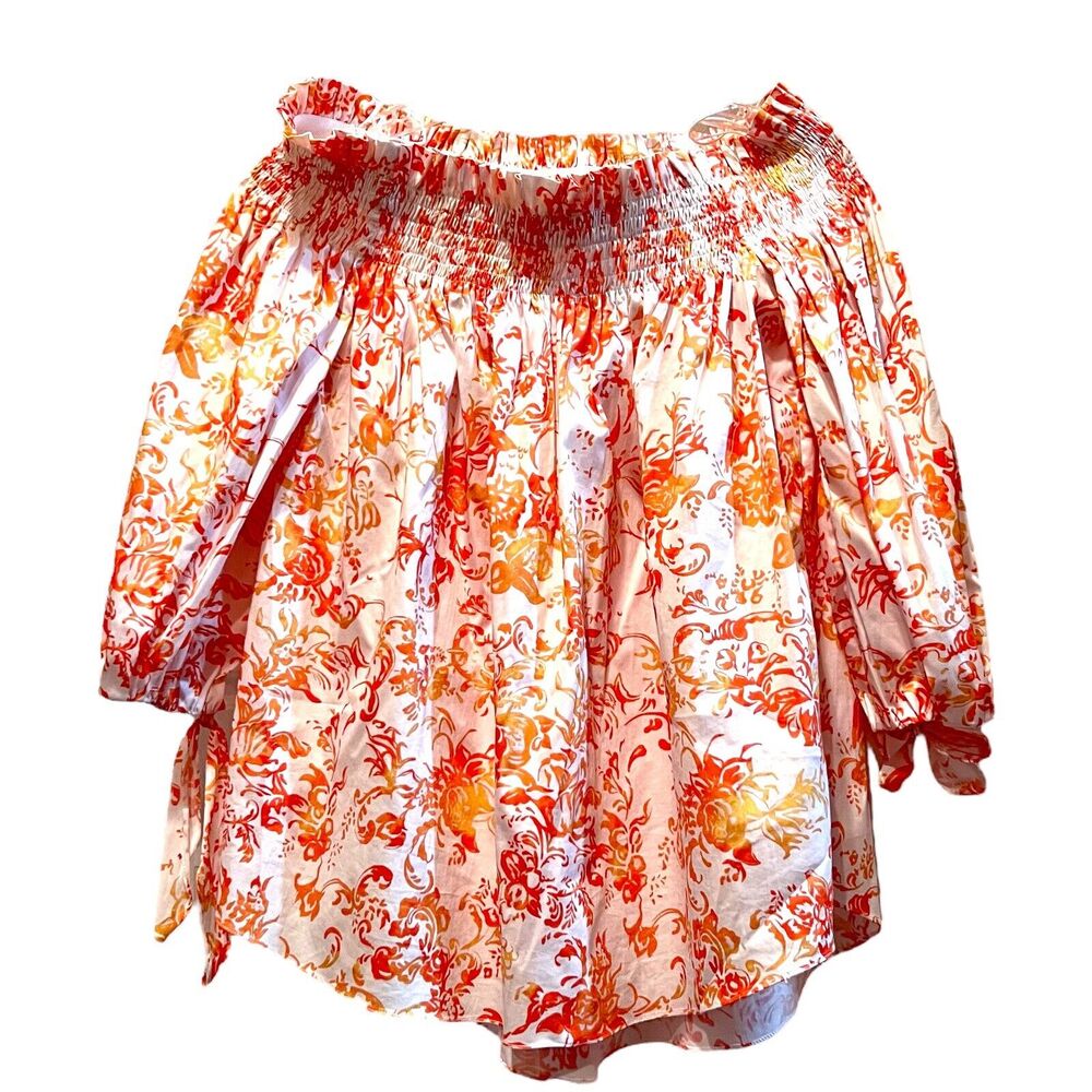 Caroline Constas Top Size XS Off Shoulder Smocked Orange Extra Small 3/4 Sleeves